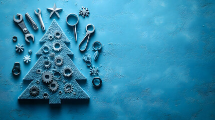An Eye-Catching Conceptual Christmas Tree Made of Engineering Tools on a Vivid Blue Background, Ideal for New Year Greeting Cards in the Engineering Sector