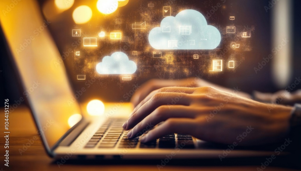Poster a person typing on a laptop with cloud technology icons and digital elements glowing around their ha