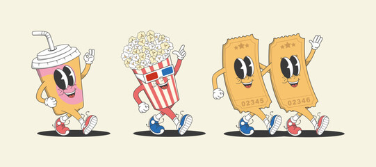 Funny cartoon characters on a cinema theme in groovy style. A pair of tickets goes together, bucket of popcorn in 3D glasses, a soda in a to-go glass. Cute groovy cinema characters, Cartoon mascot.
