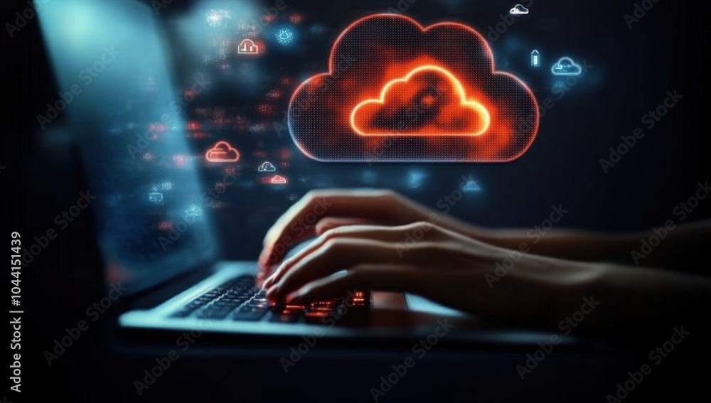 Poster a person typing on a laptop with cloud technology icons and digital elements glowing around their ha