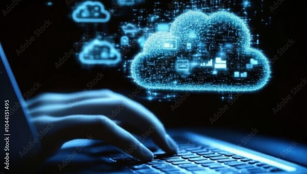 Poster a person typing on their laptop with icons of cloud technology and data floating above the keyboard,