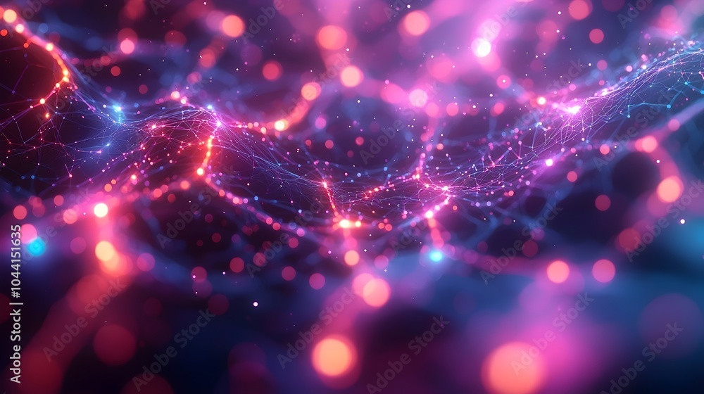 Poster a vibrant digital abstract background featuring glowing strands of interconnected nodes in shades of