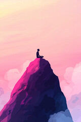 Man meditating sitting on a mountain top at sunset