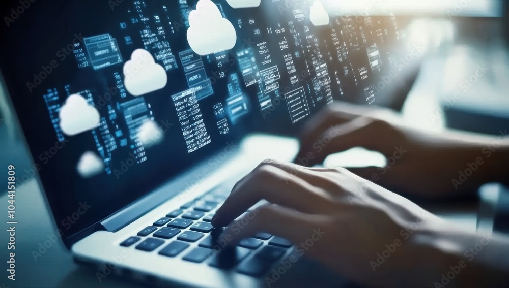 Poster a person typing on their laptop with icons of cloud technology and data floating above the keyboard 