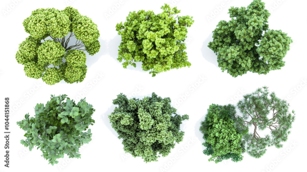 Poster top view collection of various green trees and shrubs isolated generative ai