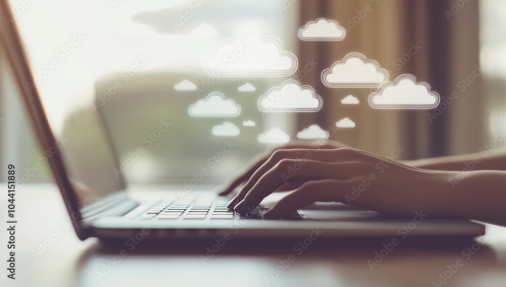 Poster a person typing on their laptop with cloud technology icons floating above, symbolizing the connecti
