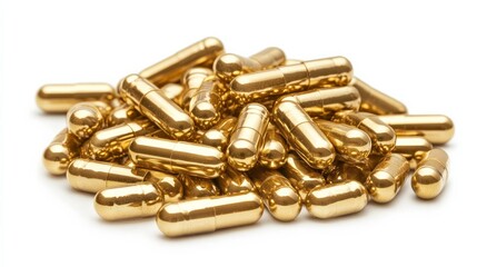 Golden oil capsules piled up against a white background.
