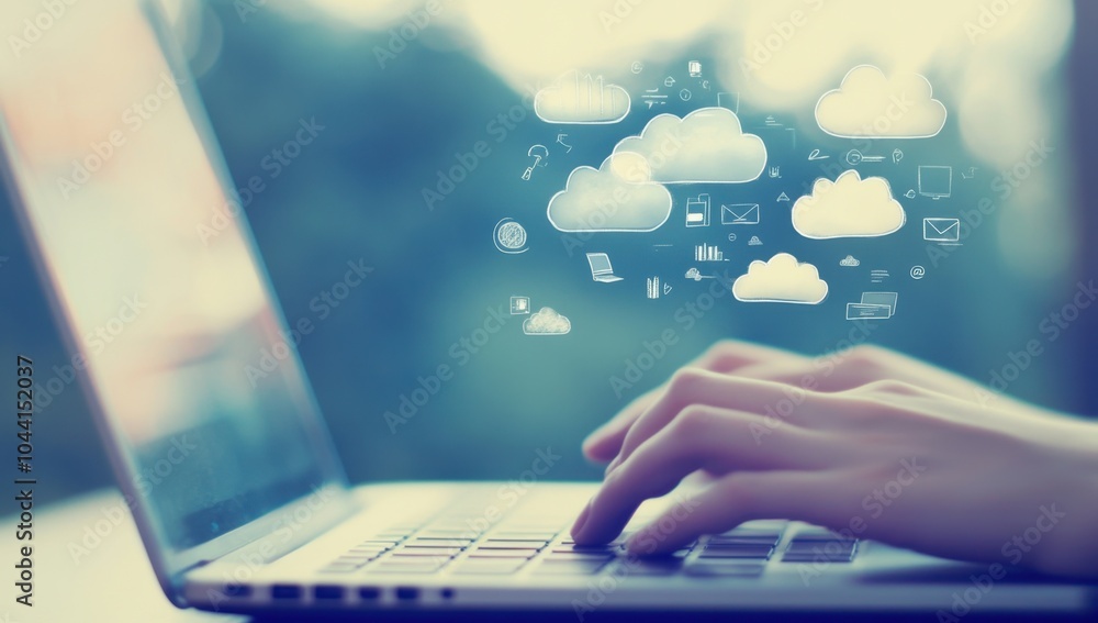Poster a person typing on their laptop with cloud technology icons floating above, representing the use of 