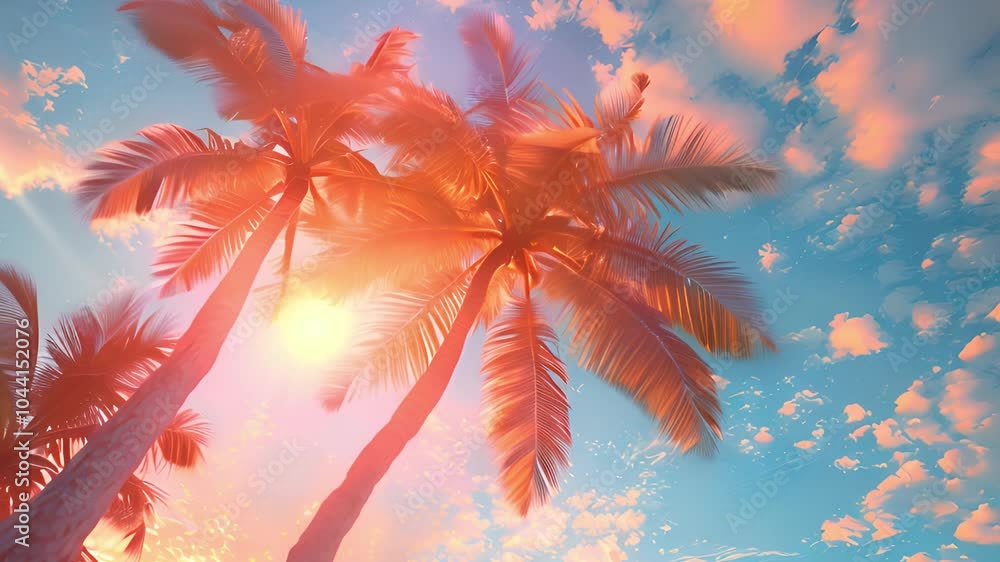 Poster palm trees silhouetted against a colorful sunset on a tropical beach with ocean waves crashing on th