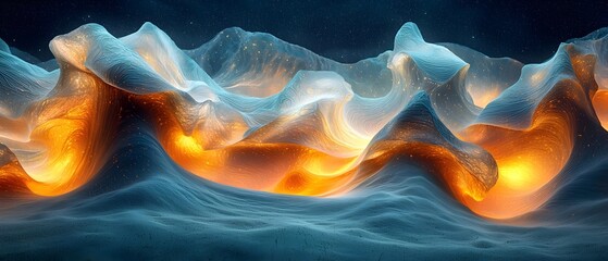 Stunning abstract landscape showcasing flowing waves of luminous blue and orange, creating a surreal and dreamlike atmosphere. Ethereal, otherworldly feel.