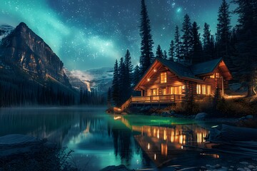 Fototapeta premium Serene Cabin Retreat Under the Northern Lights