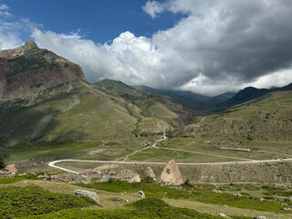 Ancient stone burial grounds of Fardyk-Keshene on slope near Eltyuby village in Chegem gorge....