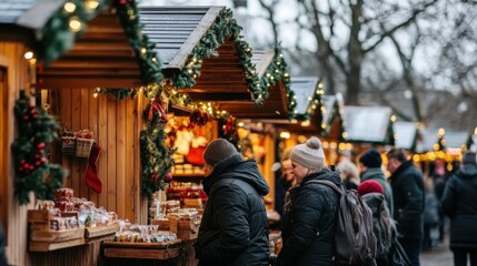 Obraz premium Visitors enjoy a lively holiday market filled with festive snacks and holiday decorations in a winter setting