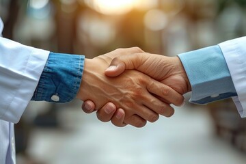 A professional handshake between healthcare providers signifying collaboration and trust in patient care