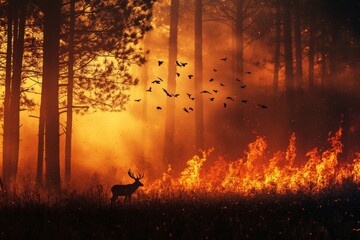 Fototapeta premium Escaping wildlife a minimalist depiction of forest fire highlighting human triggered catastrophes, harmful human activities and extinction of animals and birds, banner