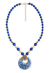 blue beads with metal bead inserts with murano glass pendant
