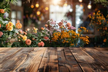 Fototapeta premium Vibrant Floral Display with Rustic Wooden Table in a Cozy Setting