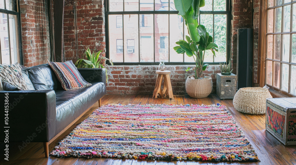 Wall mural a colorful rag rug lies in the center of a cozy, eclectic living room, captured in high-quality maga