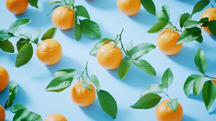 Obraz premium Bright orange tangerines with green leaves on a vibrant blue background.