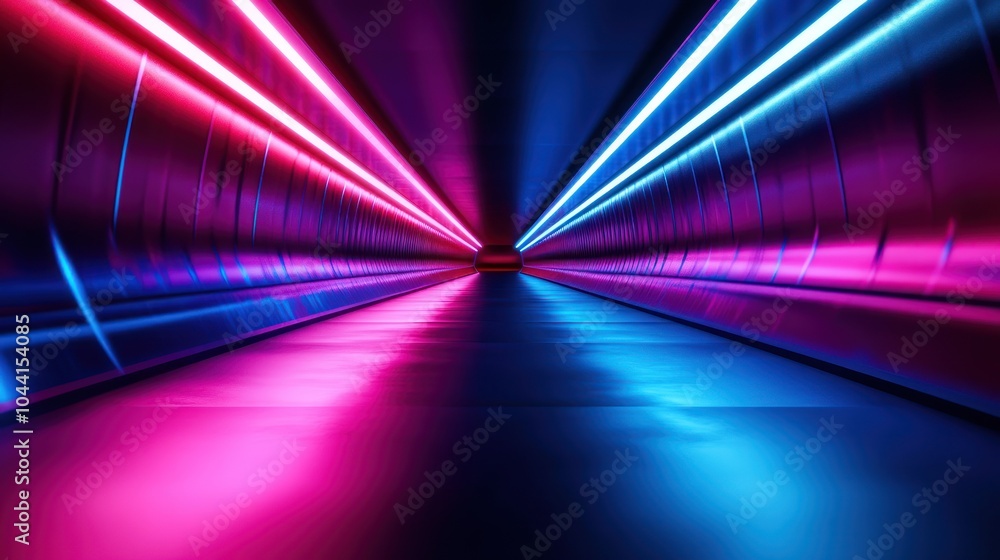 Poster a futuristic tunnel illuminated with vibrant pink and blue lights, creating a dynamic atmosphere.