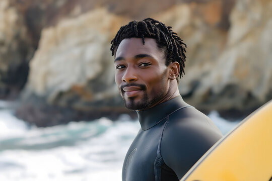 Young athletic surfer wearing a wetsuit is standing on the beach with his surfboard on a sunny day
