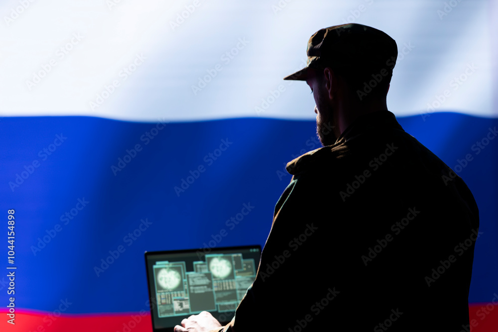 Poster ex kgb soviet agent combating organized crime and terrorism using detection system on laptop. russia