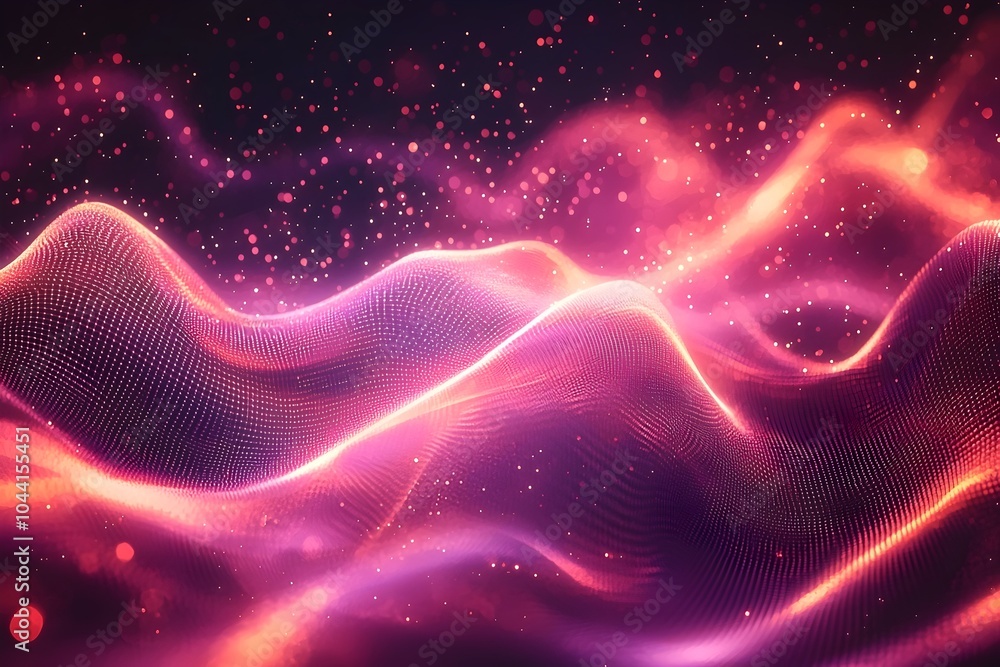 Poster a dynamic abstract representation of flowing waves in vibrant shades of purple and pink, illuminated