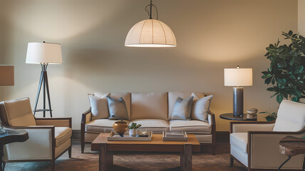 Modern living room with a cozy beige sofa, stylish lamps, and elegant decor, creating a warm and inviting atmosphere.