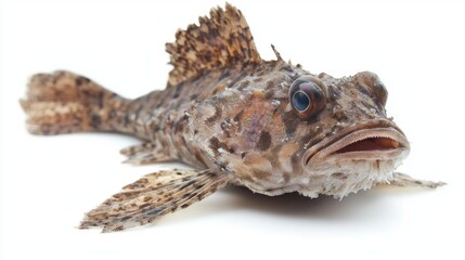 Monkfish scientifically known as Lophius piscatorius showcases its distinctive appearance and intricate textures against a plain white backdrop emphasizing its natural beauty.
