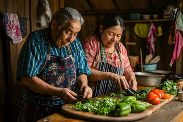 An elderly couple chopping vegetables side by side in a rustic kitchen, embodying tradition and togetherness