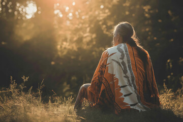 Fototapeta premium An Indigenous elder sits peacefully in the sunlight, wrapped in a colorful traditional blanket, surrounded by nature
