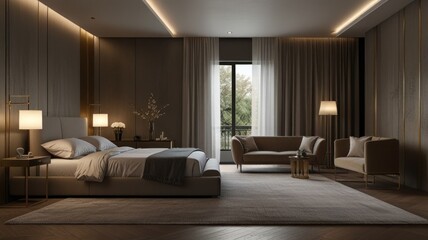 Modern bedroom interior design with a large bed, two armchairs, and a rug on the floor.