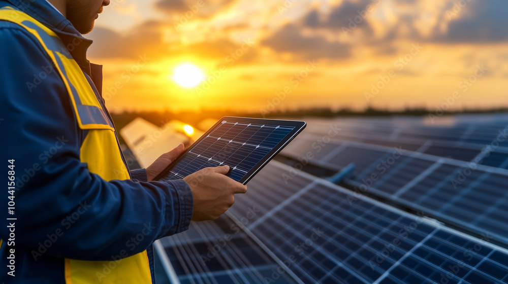 Poster an engineer inspecting a solar energy system using advanced monitoring tools on a tablet, with the g