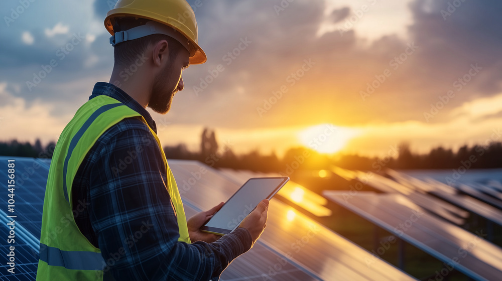 Poster an engineer inspecting a solar energy system using advanced monitoring tools on a tablet, with the g