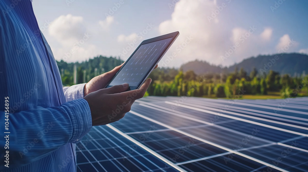 Poster a solar power plant stretches across the landscape while an engineer uses a digital tablet to adjust
