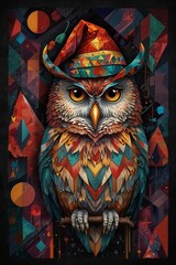 Avant-Garde Owl Wearing Santa Hat in Vibrant Geometric Fusion Christmas Art
