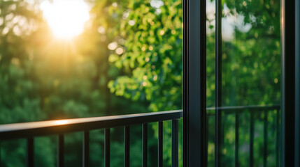 A close-up of the open metal PVC French balcony doors, with energy-efficient glass reflecting the greenery outside, symbolizing a balance between sustainability and safety.