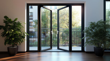 Obraz premium A modern apartment with open French balcony doors, highlighting the aluminum frame and energy-saving glass, with a focus on the precision engineering of the locking system.