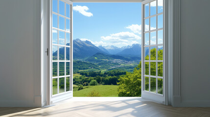 An elegant French balcony door made from aluminum, opening to reveal a scenic view, with emphasis on the energy-efficient glass and high-security frame design.