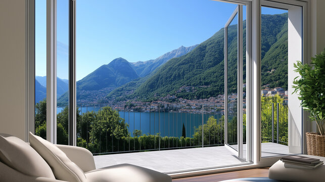 An elegant French balcony door made from aluminum, opening to reveal a scenic view, with emphasis on the energy-efficient glass and high-security frame design.