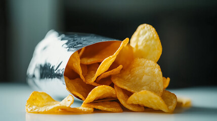 A glossy potato chips bag slightly tilted on a white surface, emphasizing the texture of the packaging and the tantalizing imagery of the golden, crispy chips.