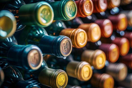 A variety of wine bottles are neatly arranged in a wine cellar, each displaying a vibrant colored cap.