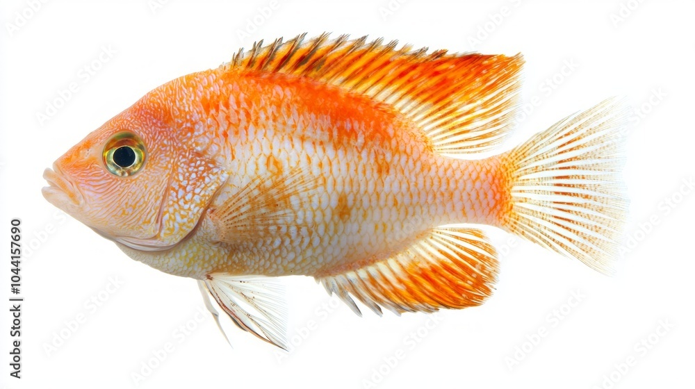 Poster striking red terror cichlid showcases brilliant orange and red hues prominently displayed in stark c