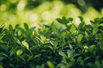 Close-up of fresh green leaves basking in gentle sunlight, emulating tranquility and the essence of nature itself.