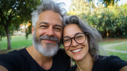 A joyful gray-haired couple, the man with a gray beard and the woman in glasses, smiling warmly as they take a selfie in a sunny park, with lush greenery in the background.