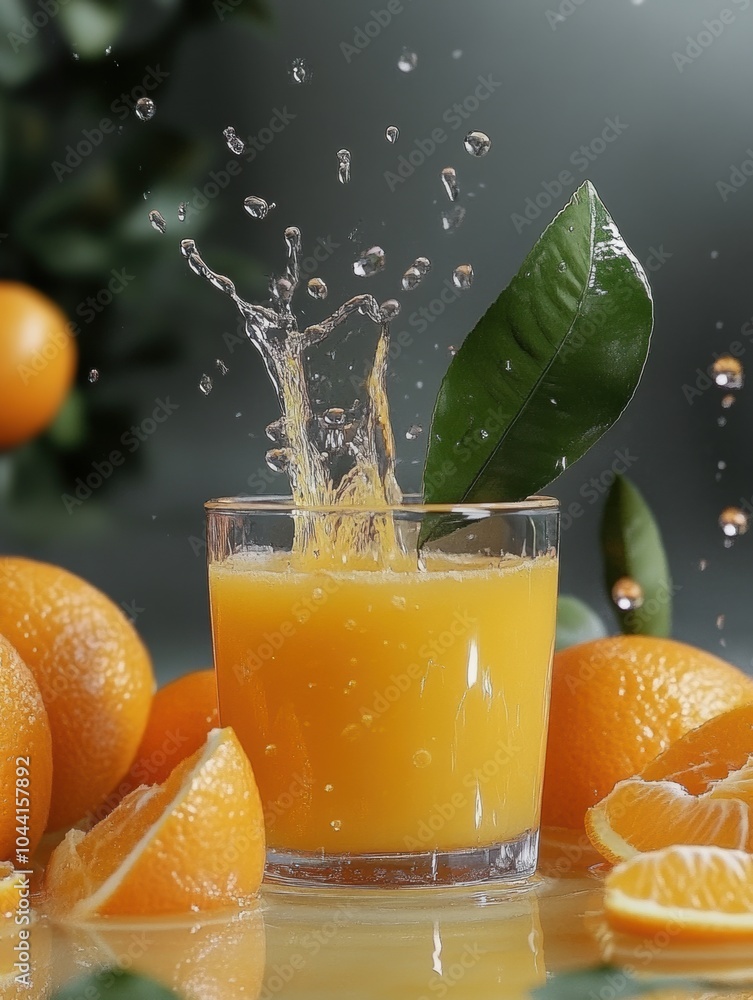 Poster a glass filled with vibrant orange juice splashes as a slice of orange and fresh leaves surround it,