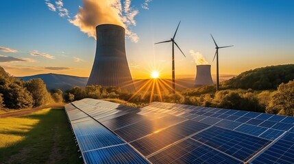 Solar panels and wind turbines alongside a nuclear plant during sunset, representing the contrast of energy sources and the future of clean power, Generative Ai