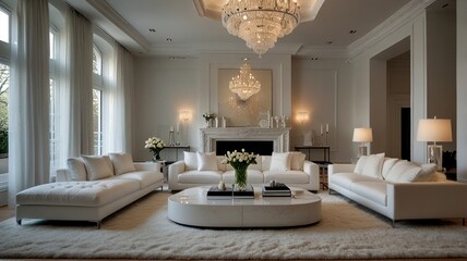 A modern, minimalist living room with white furniture, a large white rug, and a white fireplace. 