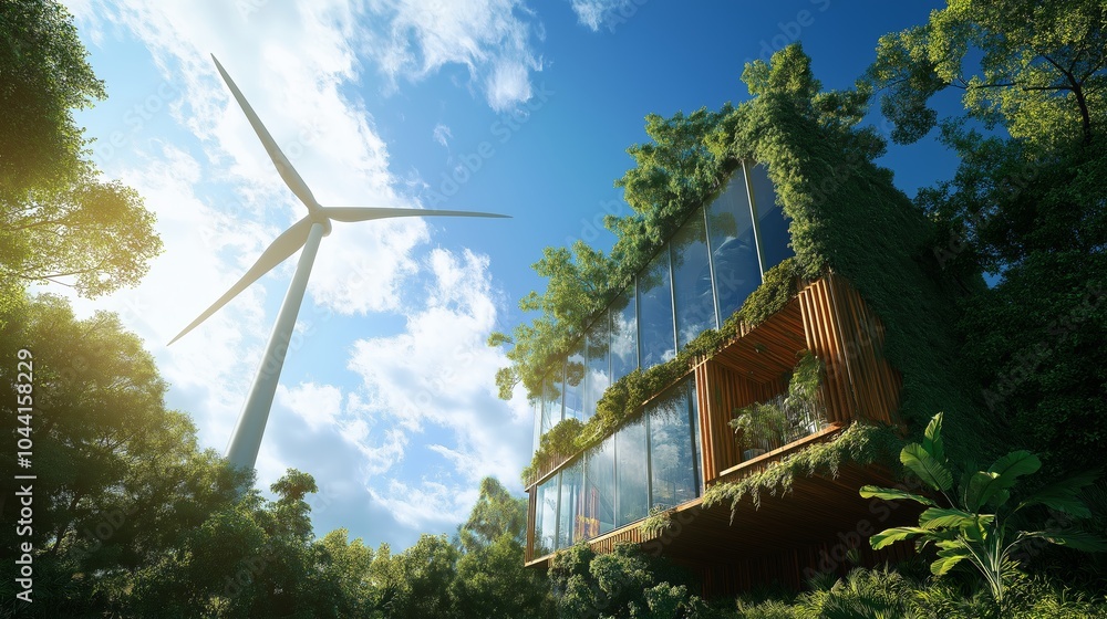 Poster sustainable eco-friendly house with a wind turbine, blending modern architecture and renewable energ