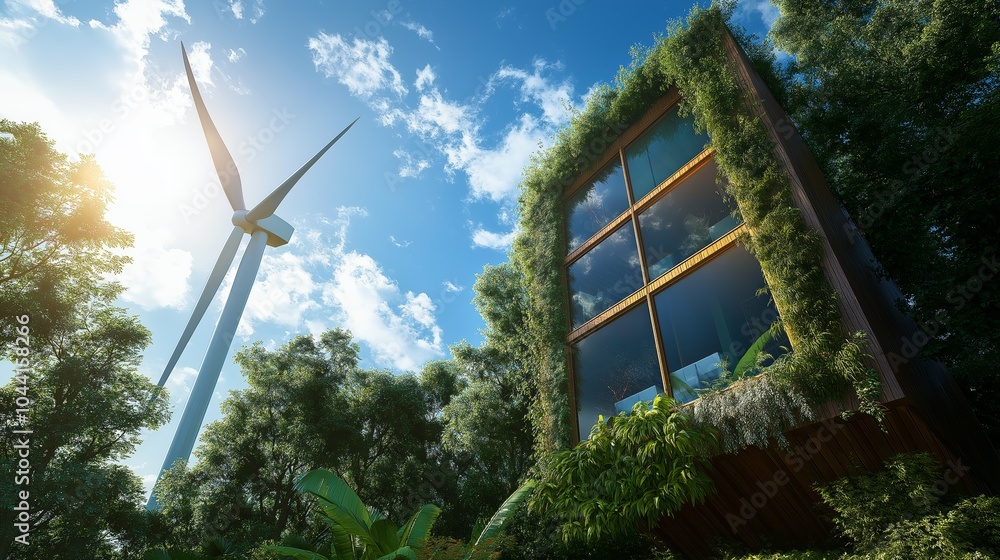 Poster sustainable eco-friendly house with a wind turbine, blending modern architecture and renewable energ